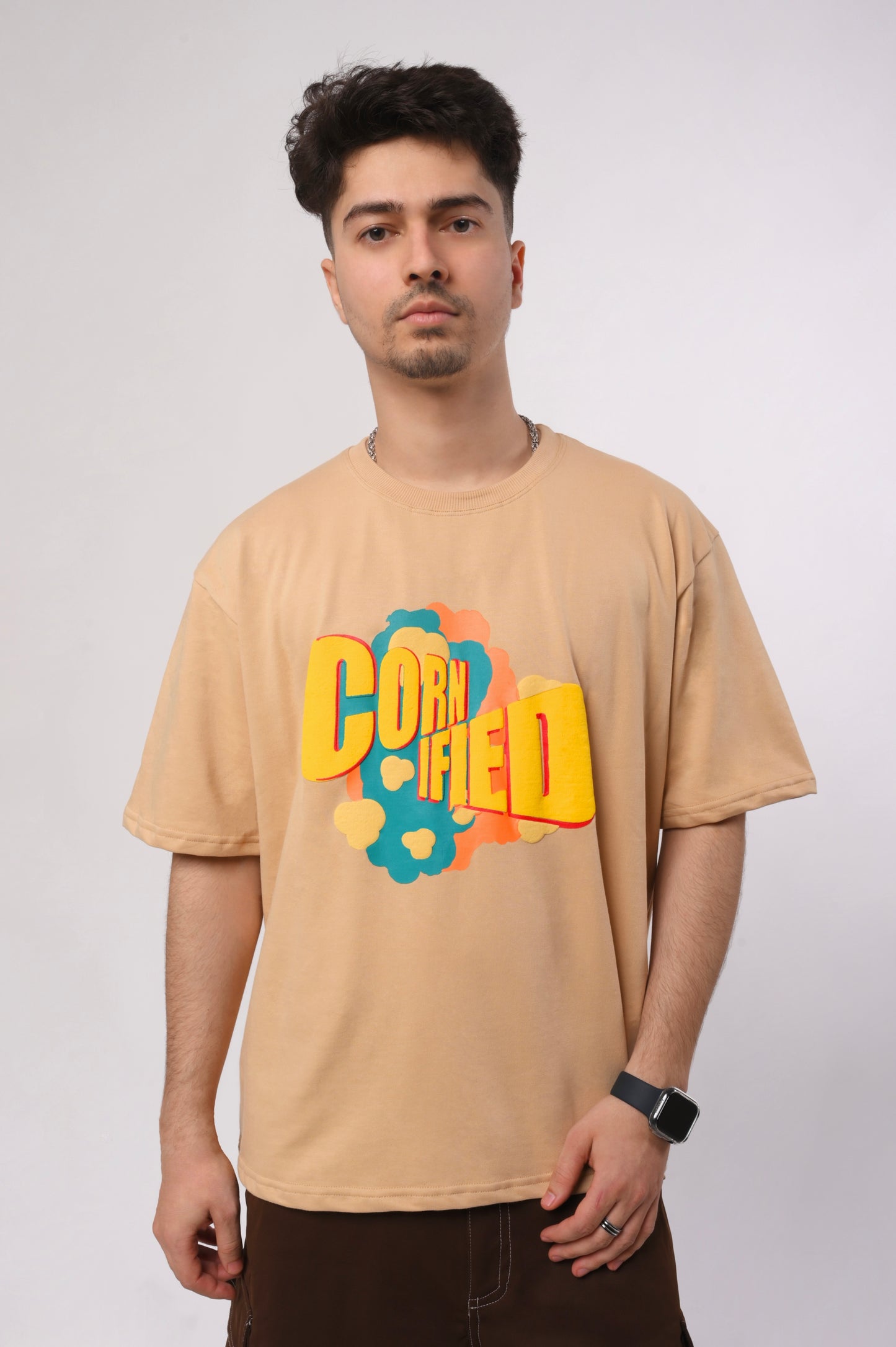 Beige Unisex Oversized T-Shirt | Cornified Crazy Popcorn Graphic | Premium Streetwear