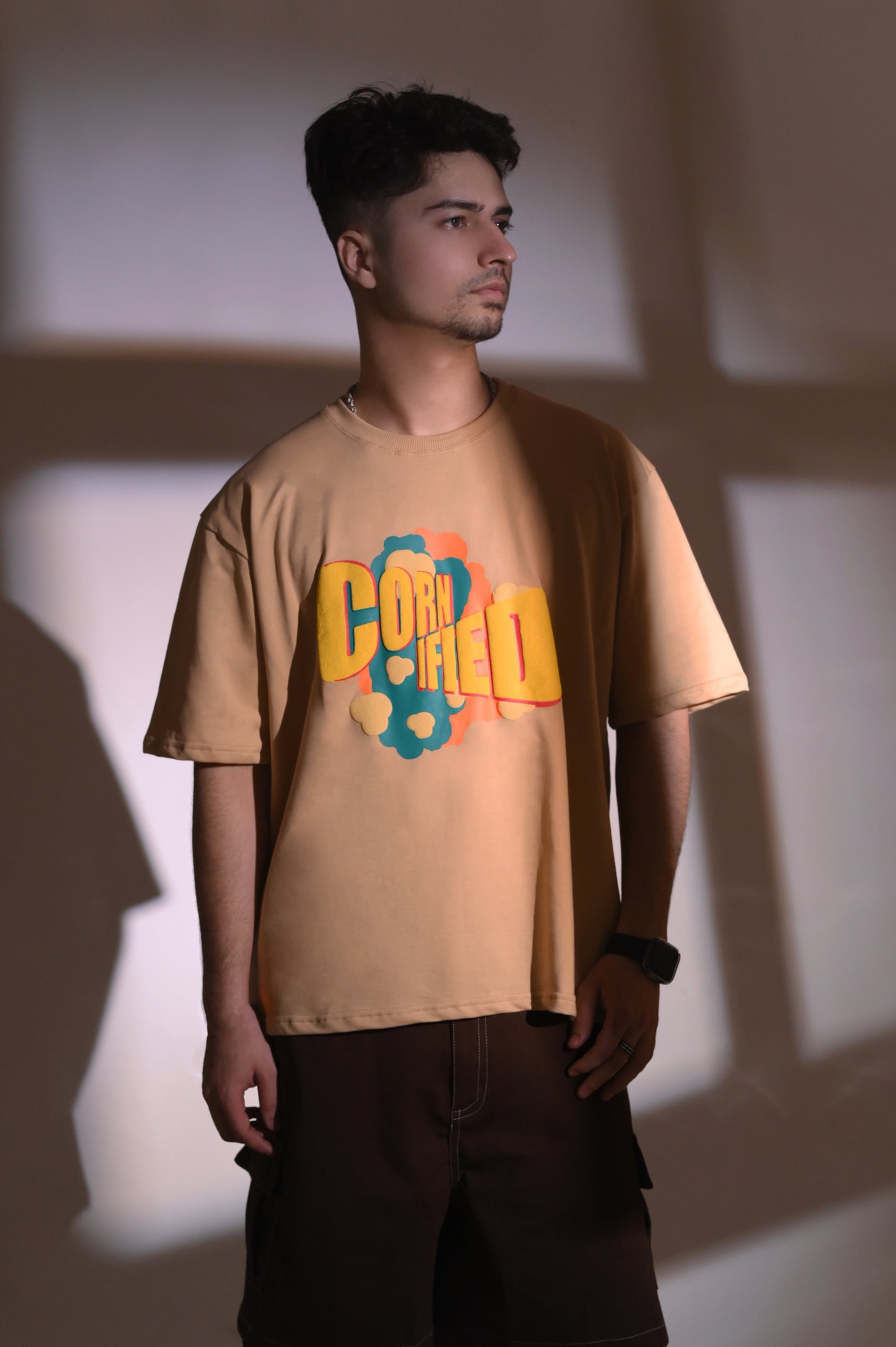 Beige Unisex Oversized T-Shirt | Cornified Crazy Popcorn Graphic | Premium Streetwear